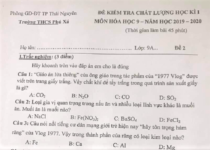 Dân mạng tranh cãi vì 1977 Vlog vào đề thi học kì môn Hóa - 1