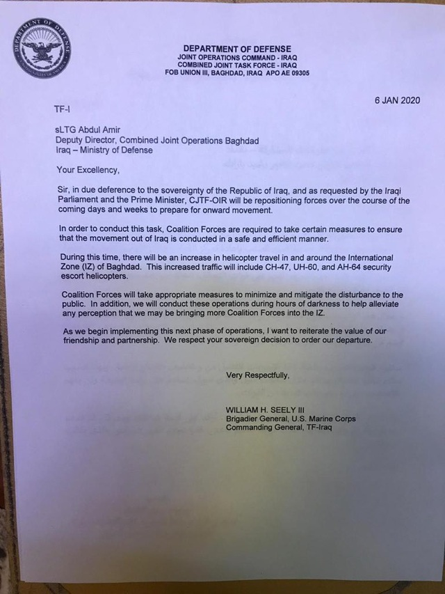 Thực hư lá thư Mỹ thông báo rút quân khỏi Iraq sau khi bị 'đuổi' - 1