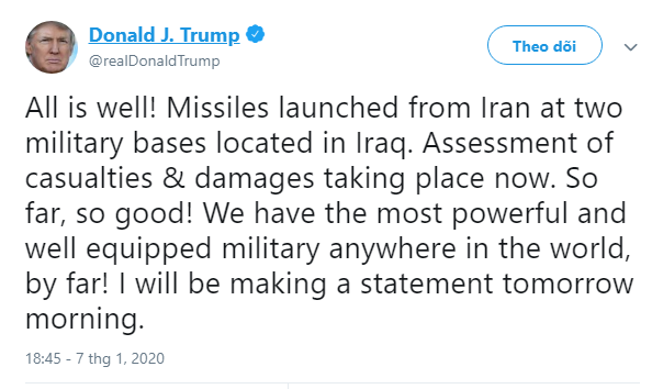 Lời cảnh báo đầy quan ngại của Tổng thống Trump sau vụ Iran tấn công căn cứ Mỹ - 1