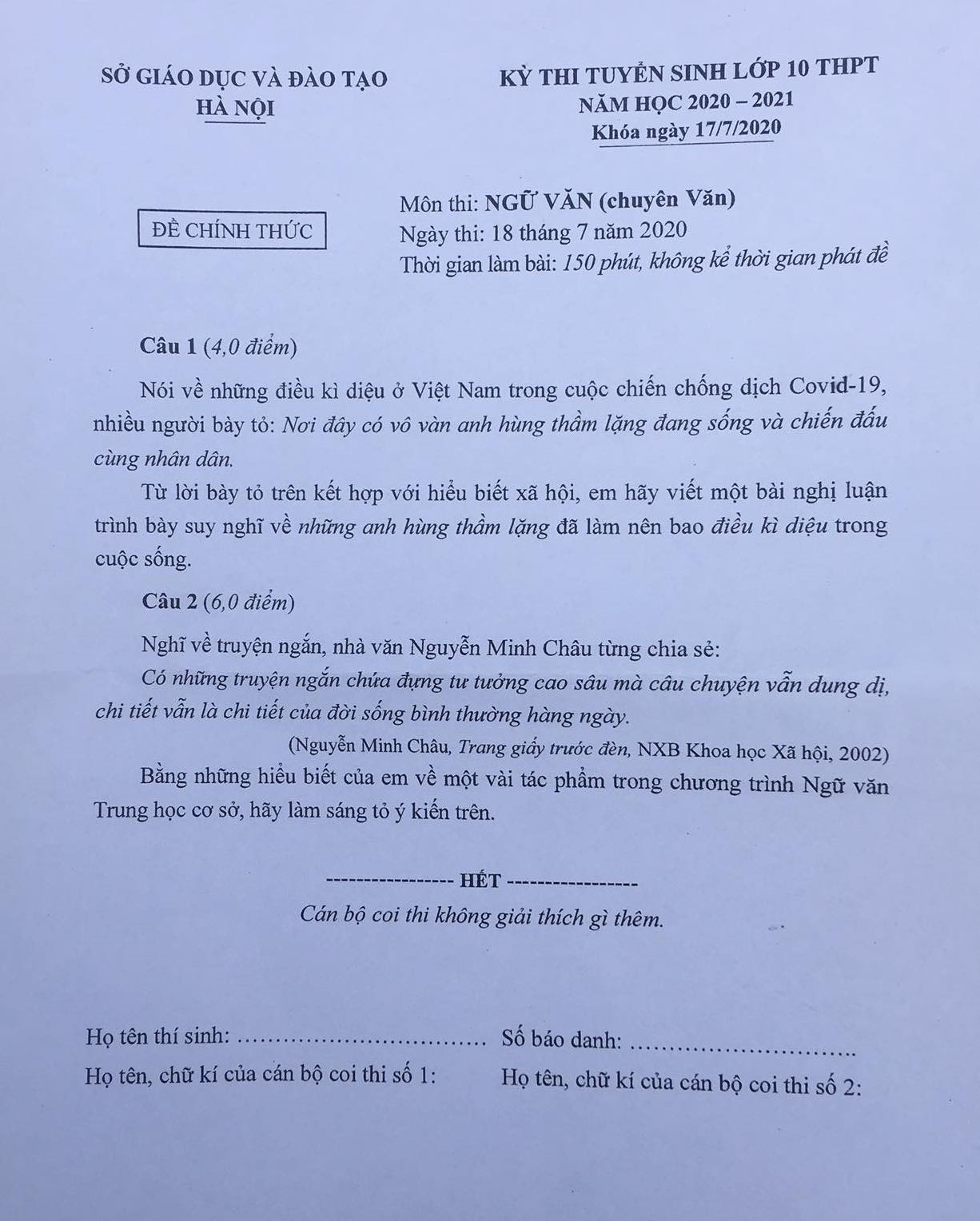 Những anh hùng chiến đấu chống COVID-19 vào đề thi Văn 10 trường chuyên Hà Nội - 1