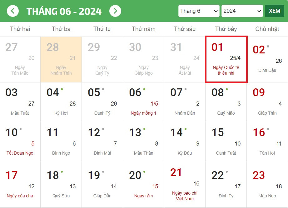 Ngày Quốc tế Thiếu nhi 2024 là thứ mấy?