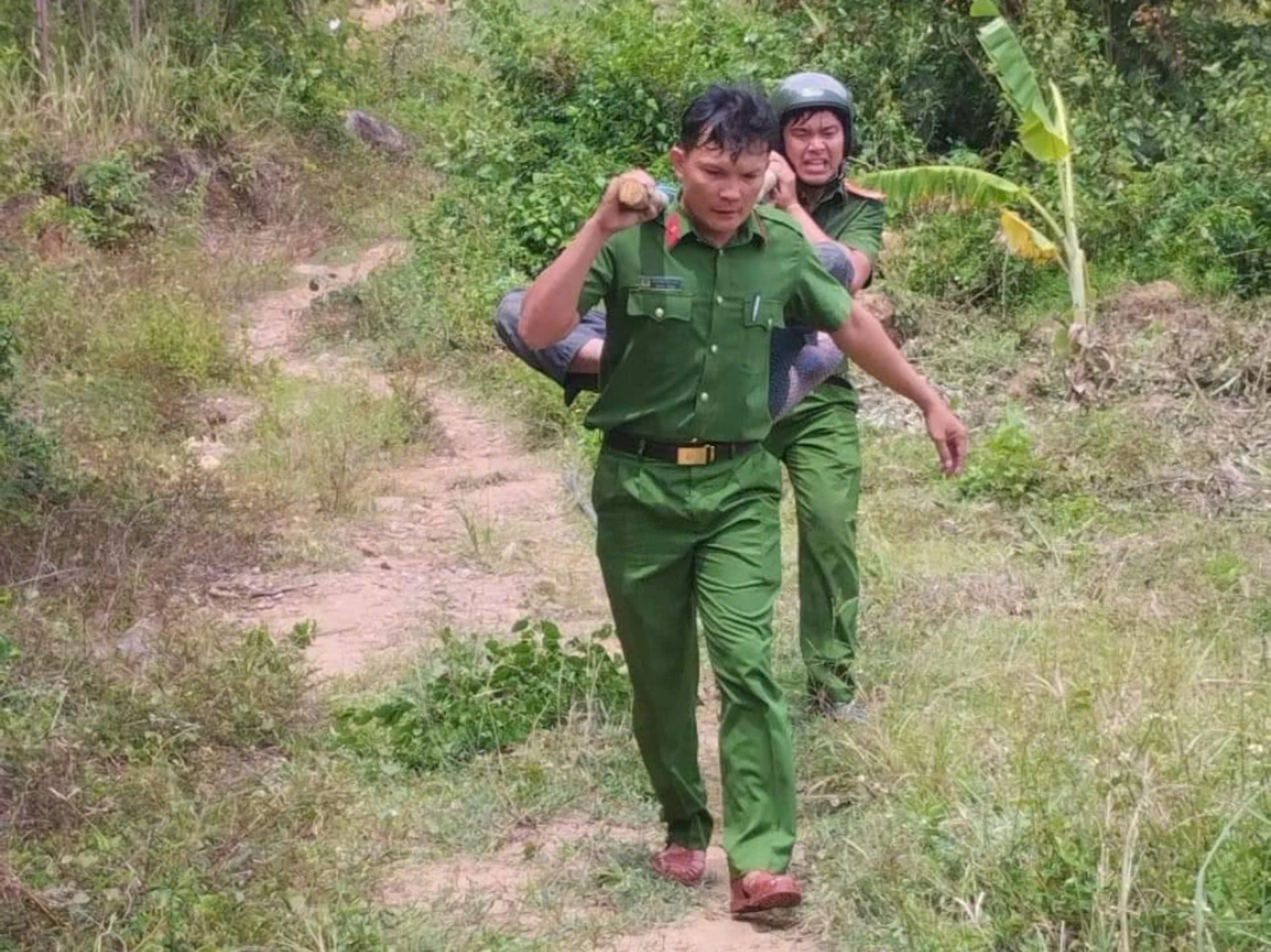 Công an dùng cáng võng cứu 2 người đàn ông bị hàng trăm con ong đốt