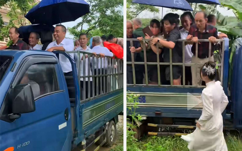 Đám hỏi ở Vĩnh Phúc gây sốt mạng khi cả nhà trai đi xe tải 'mui trần' 