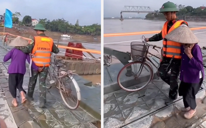 Ấm lòng cảnh anh bộ đội dắt hộ xe đạp, dìu cụ bà qua cầu phao Phong Châu
