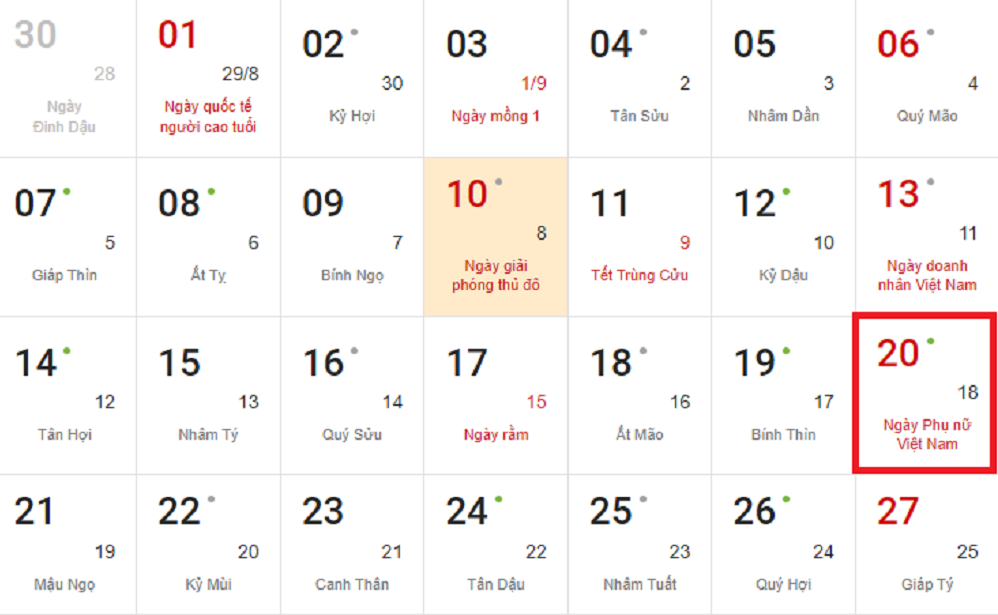 Ngày Phụ nữ Việt Nam 20/10 năm 2024 là thứ mấy?