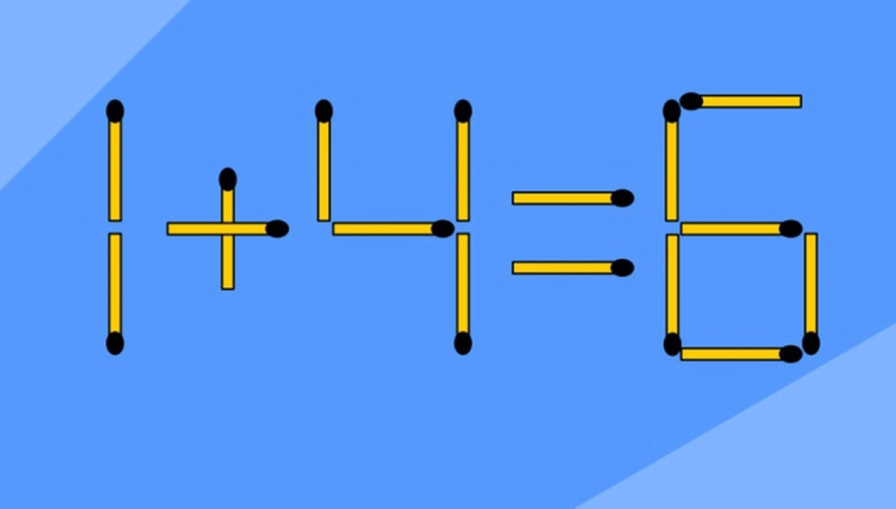 Di chuyển 2 que diêm để phép tính 1 + 4 = 6 thành đúng