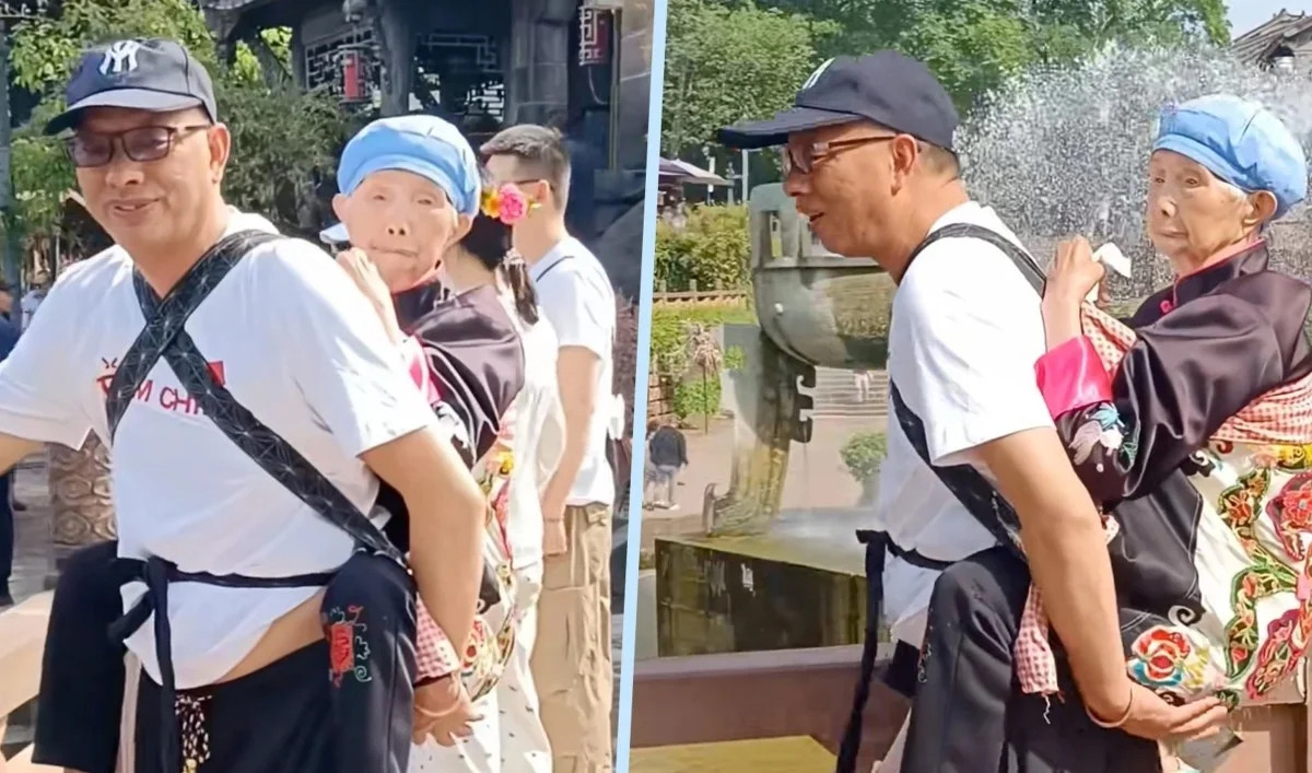 Clip con trai U60 dùng địu cõng mẹ già đi du lịch gây xúc động