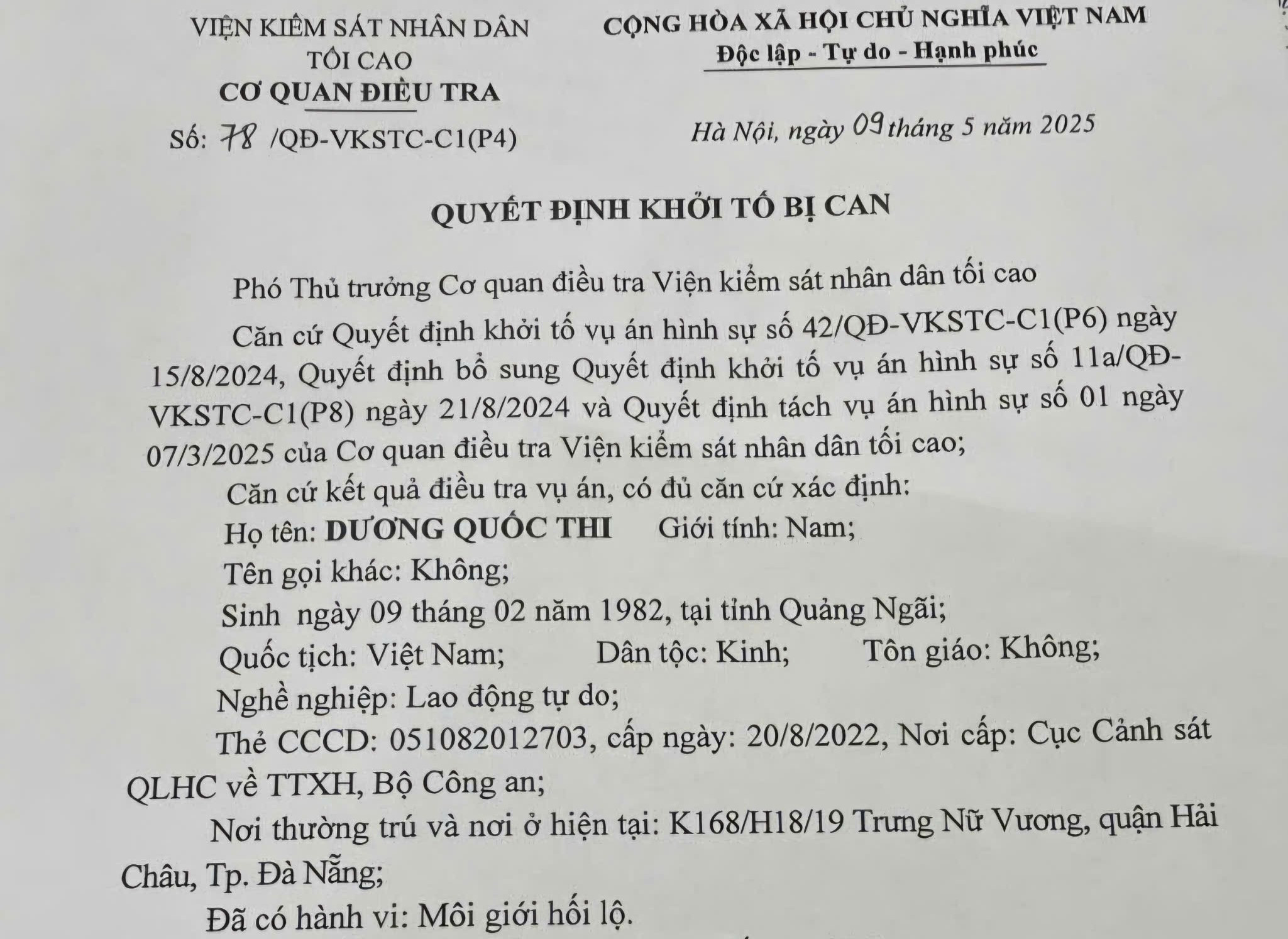Môi giới hối lộ, Trưởng Ban quản trị chung cư ở Đà Nẵng bị khởi tố