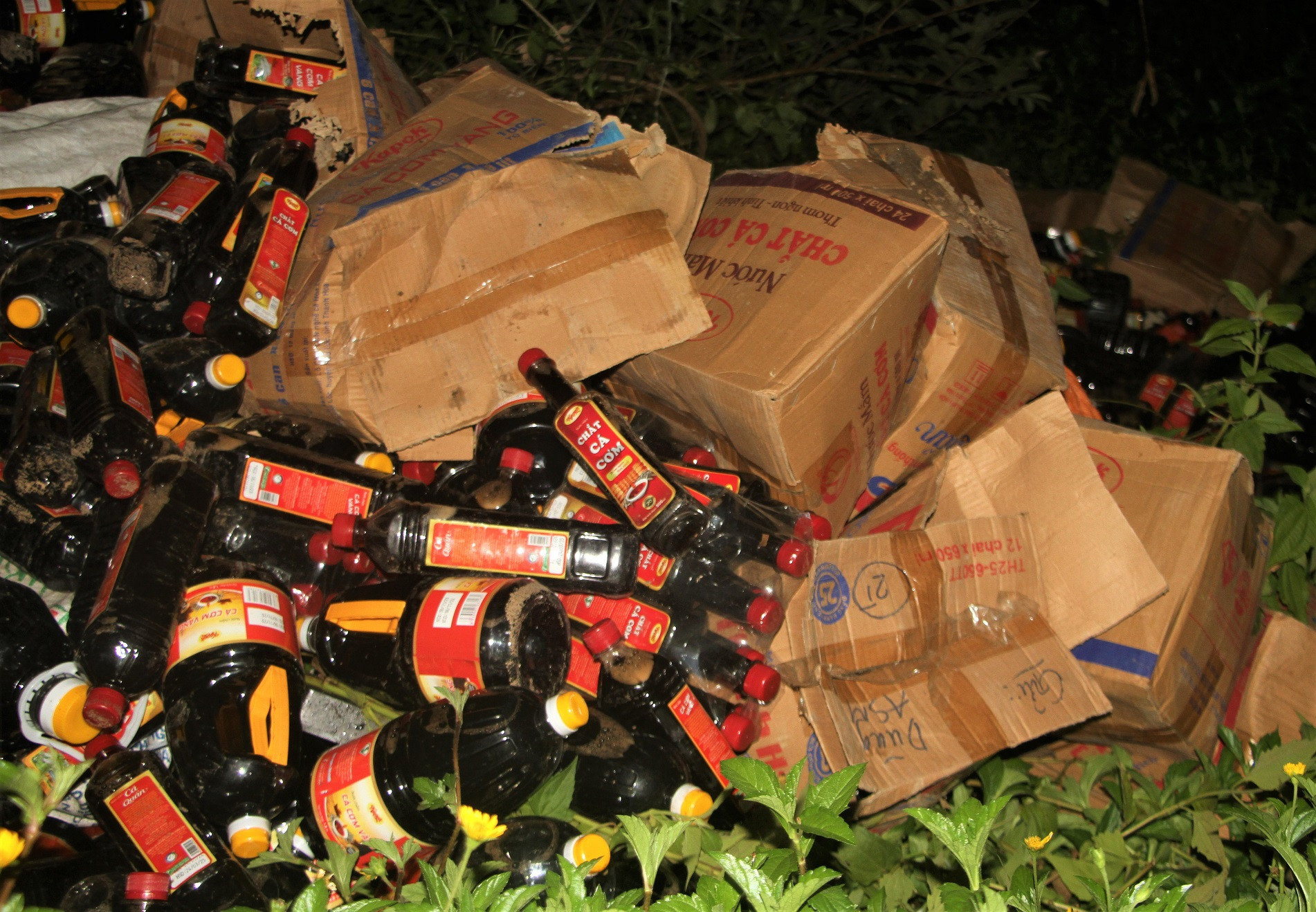 Hơn 1.000 chai nước mắm bị vứt bỏ trong bụi rậm ở Quảng Nam