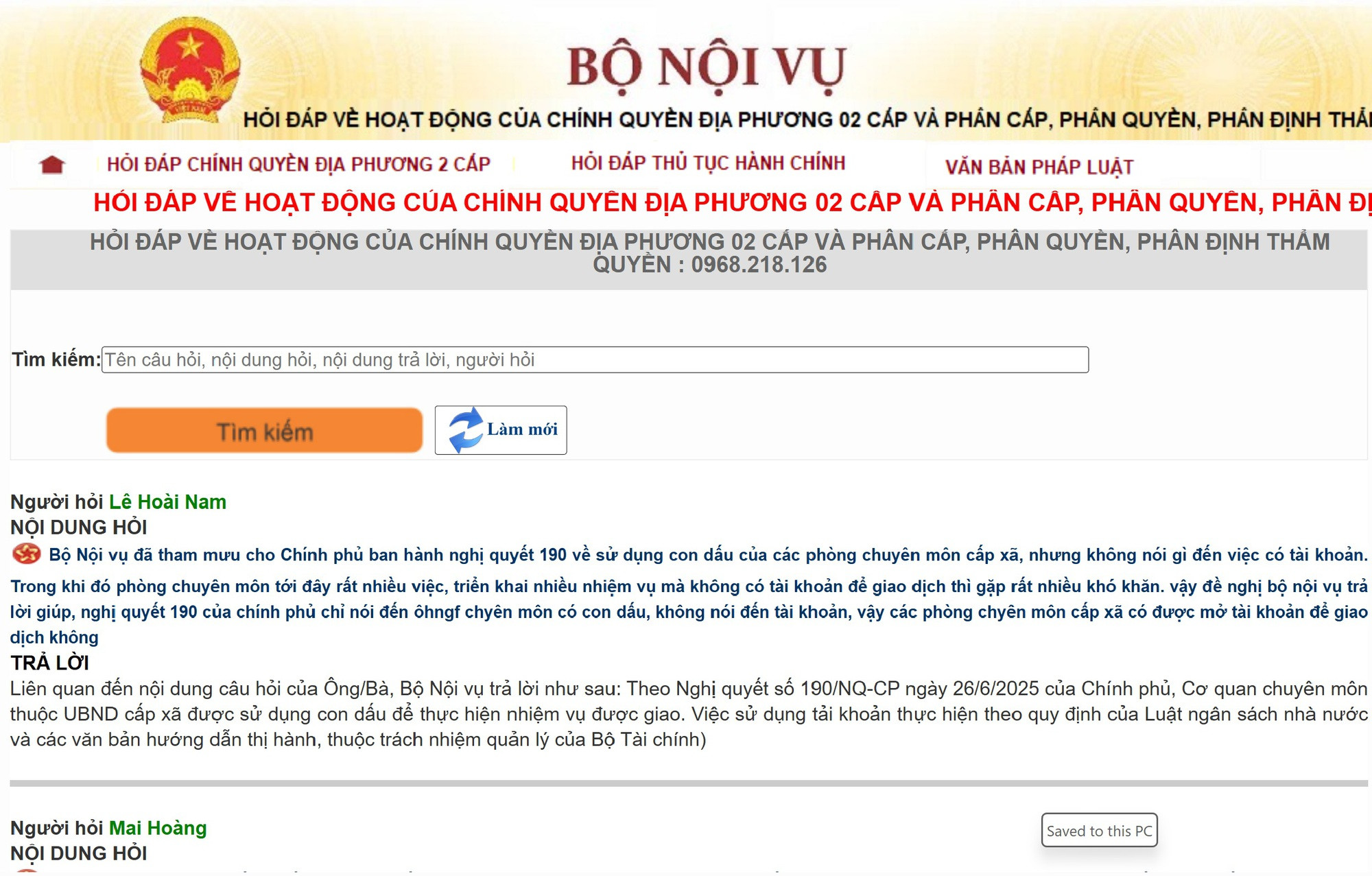 Bộ Nội vụ công bố hotline hỏi đáp về chính quyền địa phương 2 cấp