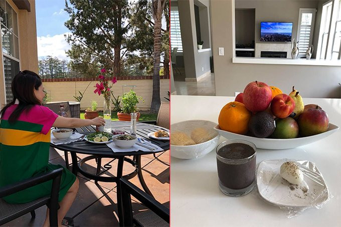 Từ khi mang bầu ở tháng thứ năm, Thanh Thảo nghỉ hát để ở nhà tịnh dưỡng (ảnh trái). Ngày nào cô cũng được ông xã chuẩn bị bữa ăn sáng đơn giản nhưng đầy đủ dưỡng chất (ảnh phải).