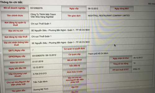 Trên Cục thuế TP HCM nhà hàng Nightfall vẫn hoạt động.