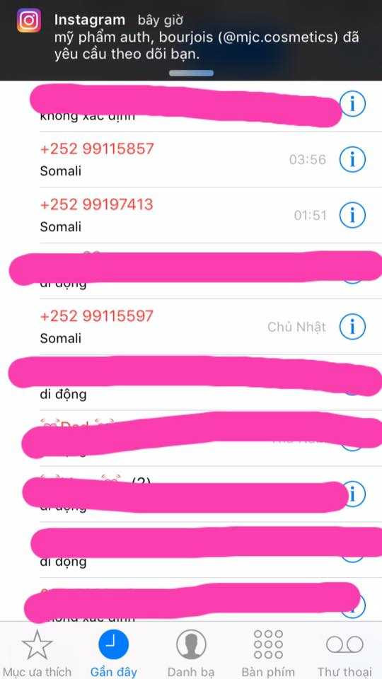 Một đầu số của Somali gọi vào người dùng ở Việt Nam
