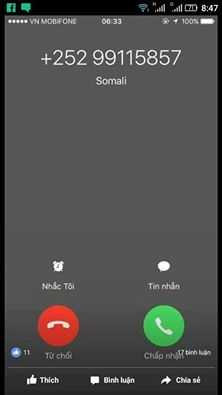 Một đầu số của Somali gọi vào người dùng ở Việt Nam