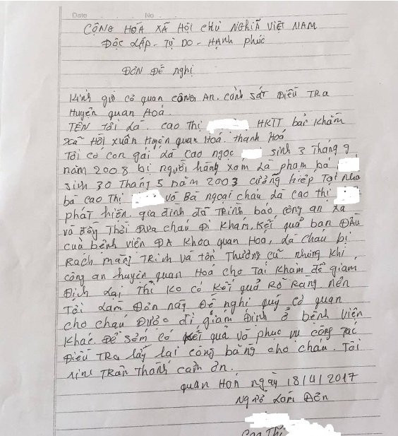 Đơn tố cáo vụ việc gửi Công an huyện Quan Hóa của mẹ nạn nhân.