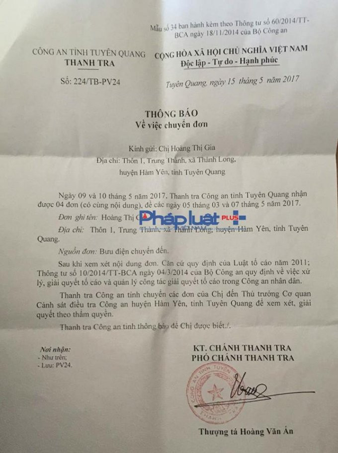 Đơn thư của cháu Hoàng Thị G. liên tục được gửi tới các cơ quan chức năng tỉnh Tuyên Quang.