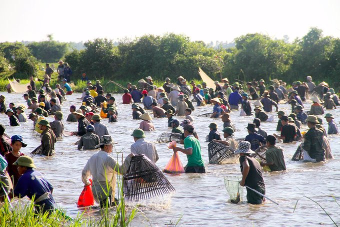 Hàng trăm người reo hò, đội nắng bắt cá dưới đầm