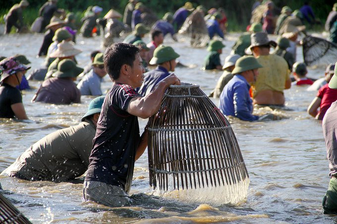 Hàng trăm người reo hò, đội nắng bắt cá dưới đầm