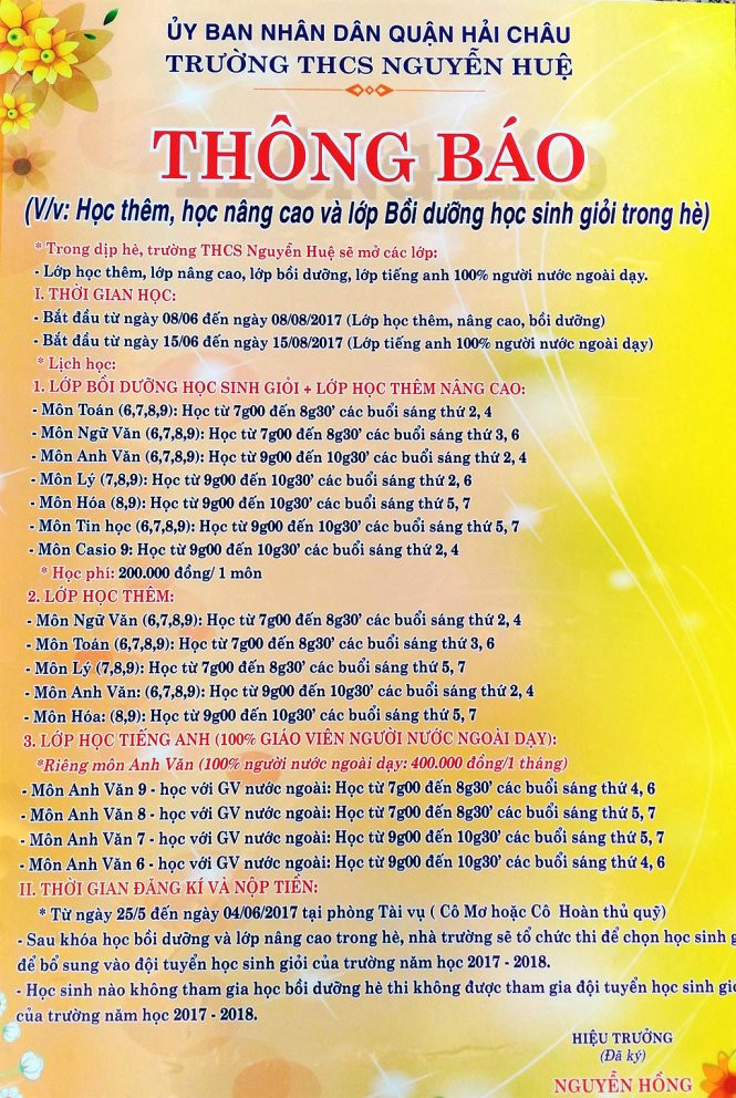 Thông báo của trường THCS Nguyễn Huệ - Ảnh: Đ.C