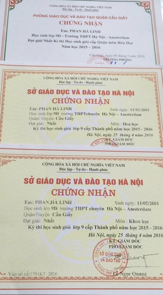 Giấy khen và giải thưởng của Linh trong các năm học cấp 2