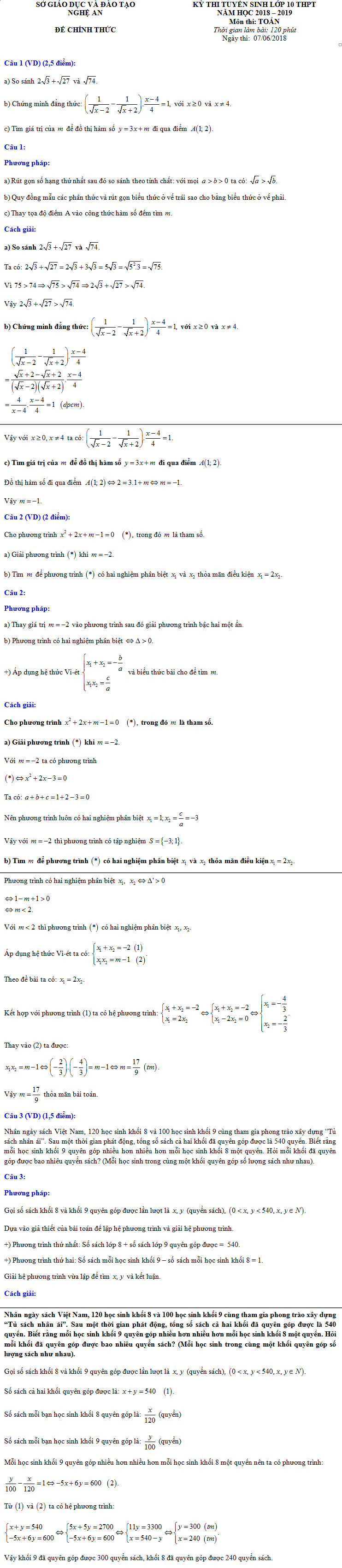 Dap an de thi vao lop 10 mon Toan tinh Nghe An 2018