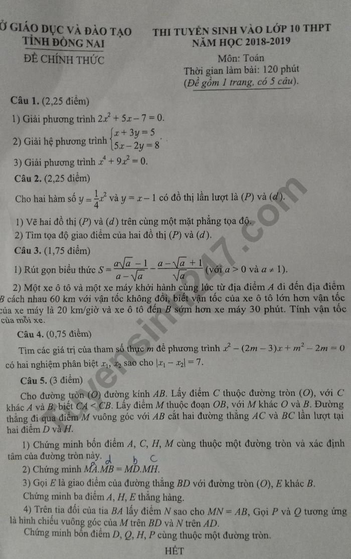 Dap an de thi tuyen sinh vao lop 10 mon Toan tinh Dong Nai 2018