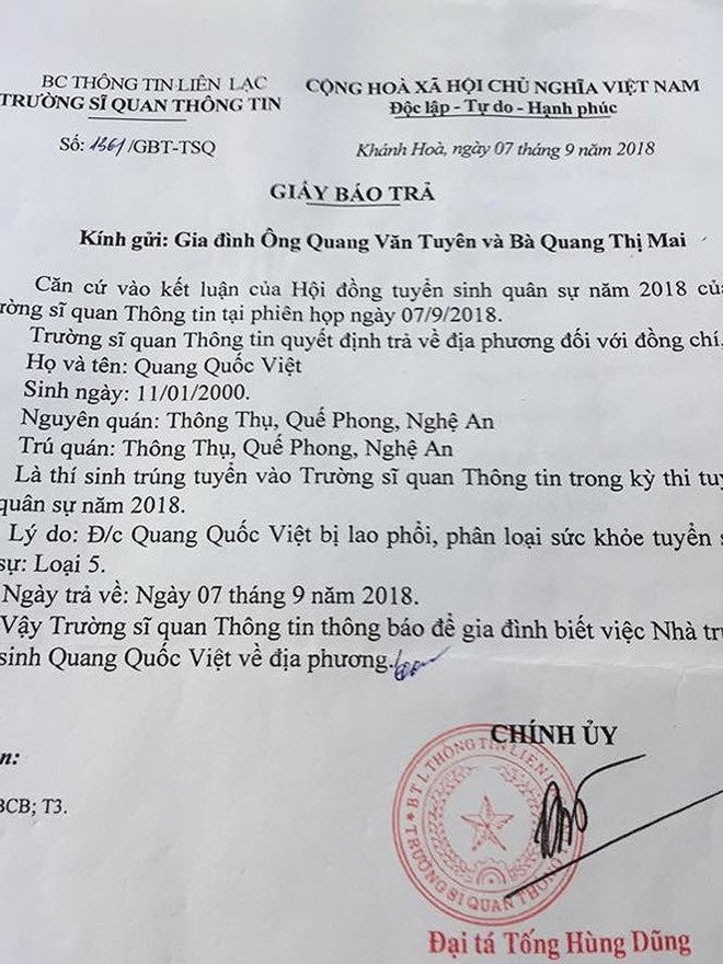 Bo Quoc phong ket luan vu nam sinh bi truong Si quan Thong tin tra ve hinh anh 1