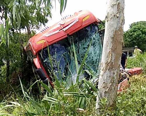 Ôtô khách chỉ dừng chạy khi lao vào cây bên vệ đường. Ảnh: Đ.H