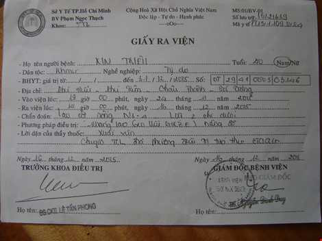 Giấy ra viện của anh Kim Triệu khi điều trị tại bệnh viện Phạm Ngọc Thạch TPHCM.