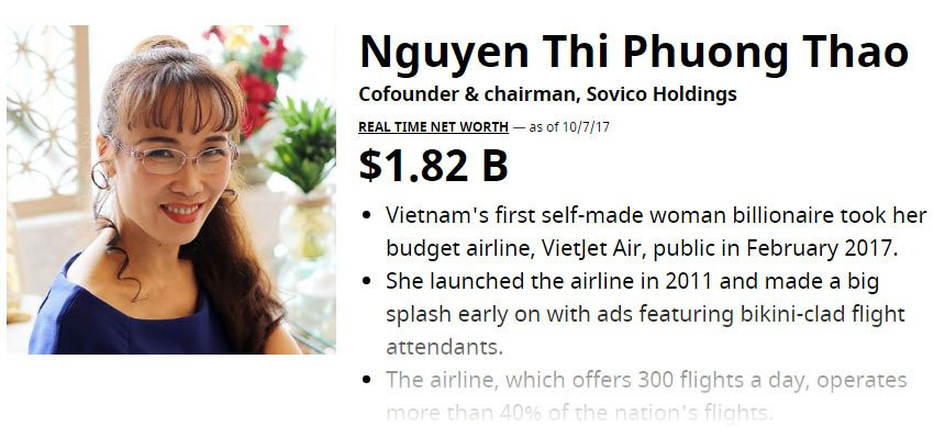 Phạm Nhật Vượng, nữ tỷ phú USD, tỷ phú USD, Nguyễn Thị Phương Thảo, VietJet Air, tỷ phú Việt, đại gia Việt, nữ đại gia