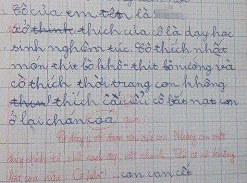  Cô thích nhất món thịt bò khô - thịt bò nướng và cô thích thời trang nhưng con không thích cái kiều cô bắt nạt con... Cô giáo: Cô đồng ý với đoạn văn của con. Nhưng con viết đúng chính tả, chữ sạch đẹp, viết nhanh thì cô sẽ không bắt nạt con nữa. Cô hứa! Học sinh: Con cam kết 