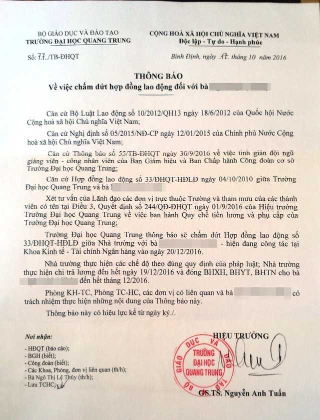 Thông báo về việc chấm dứt hợp đồng lao động đối với nhiều cán bộ, giảng viên do Hiệu trưởng ĐH Quang Trung ký