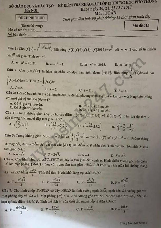 De thi thu THPT Quoc gia mon Toan So GD Ha Noi 2017