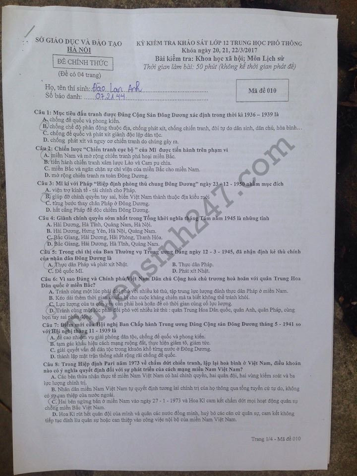 De thi thu THPT Quoc gia mon Su 2017 - So GD Ha Noi