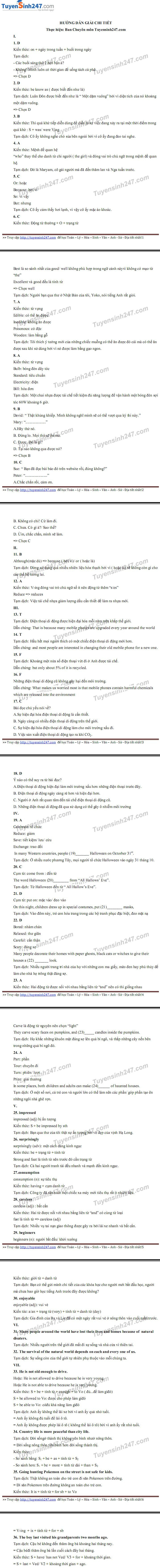 Dap an de thi vao lop 10 mon tieng Anh TPHCM nam 2017