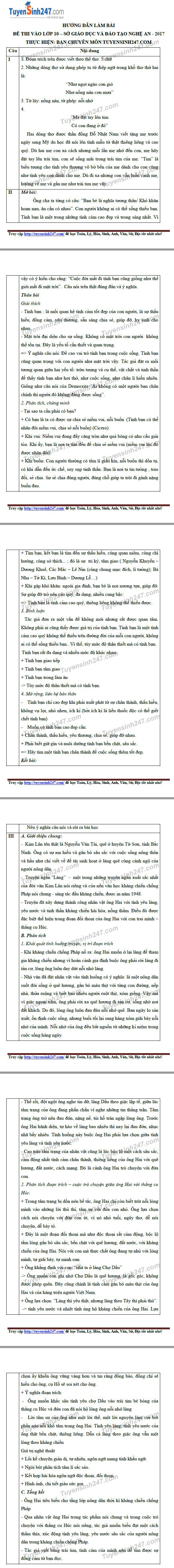 Dap an de thi vao lop 10 mon Van tinh Nghe An 2017