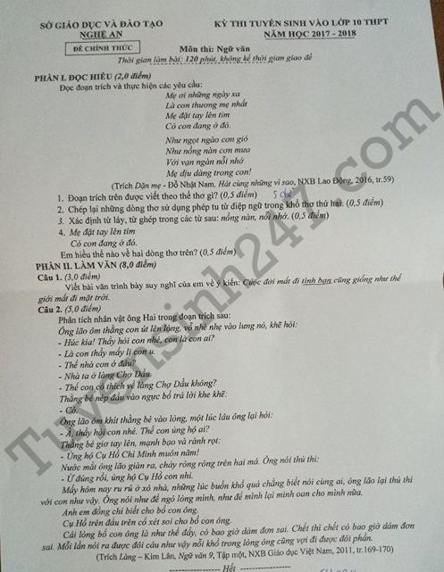 Dap an de thi vao lop 10 mon Van tinh Nghe An 2017