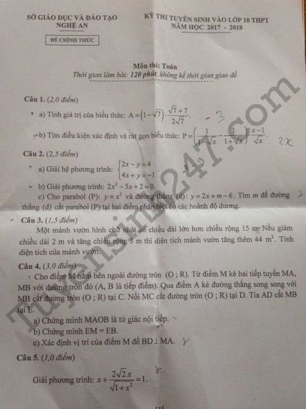 Dap an de thi vao lop 10 mon Toan tinh Nghe An 2017