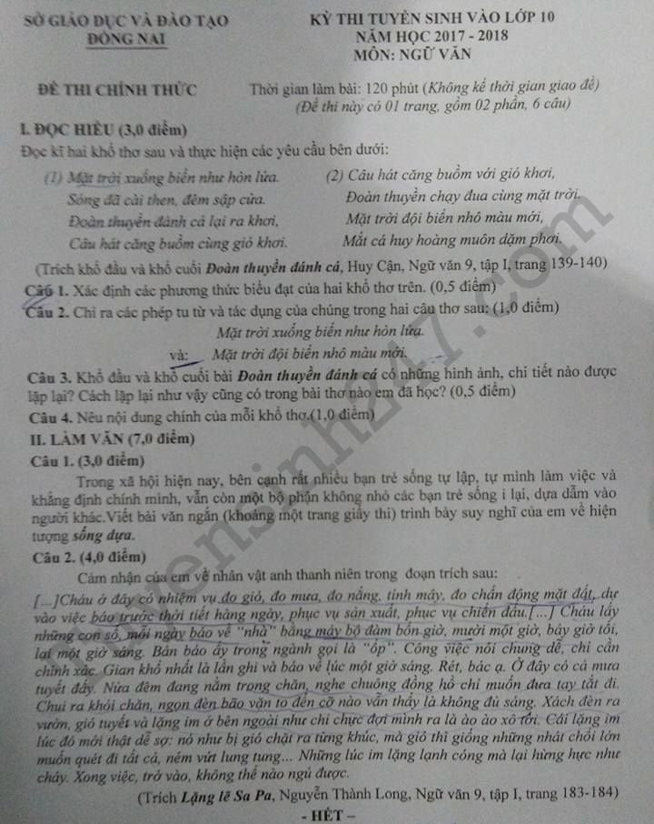 De thi lop 10 mon Van tinh Dong Nai 2017