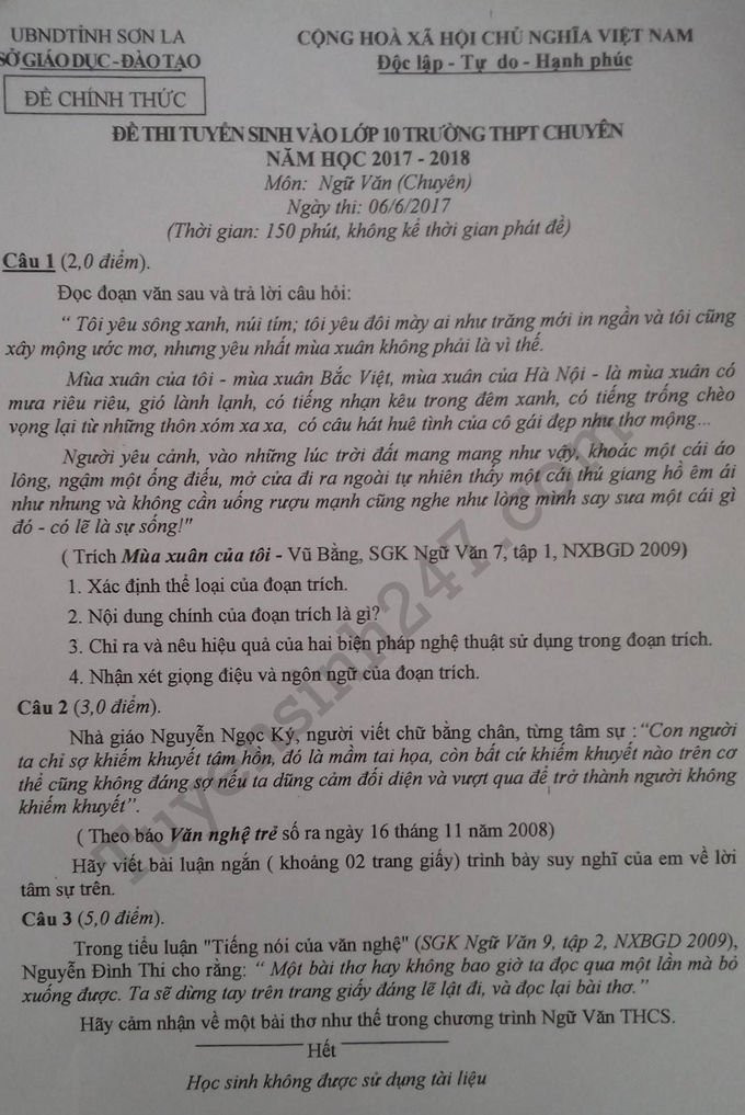 De thi vao lop 10 mon Van chuyen THPT Chuyen- tinh Son La 2017