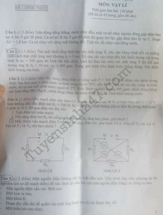 De thi vao lop 10 mon Li Chuyen Ha Tinh 2017