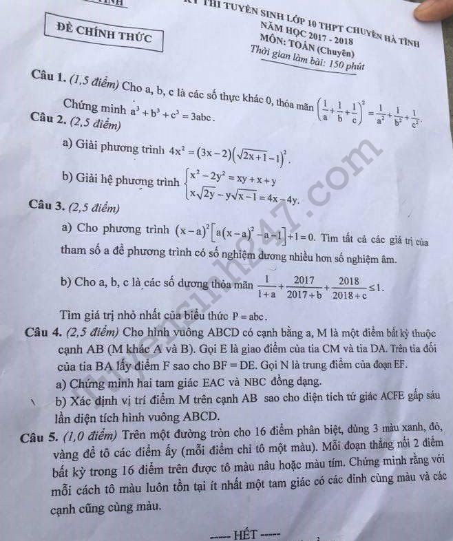 De thi vao lop 10 mon Toan THPT Chuyen- Ha Tinh 2017