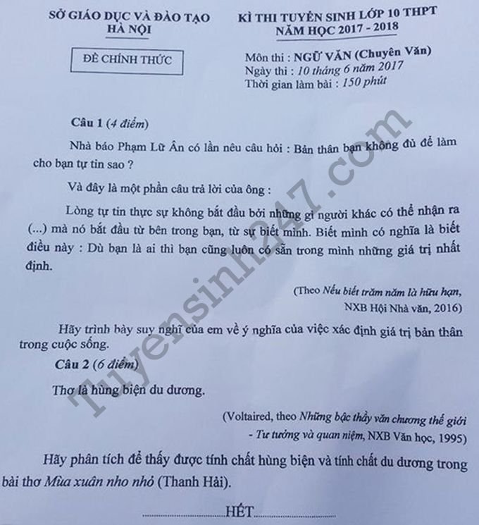 Dap an de thi vao lop 10 mon Van chuyen Ha Noi 2017