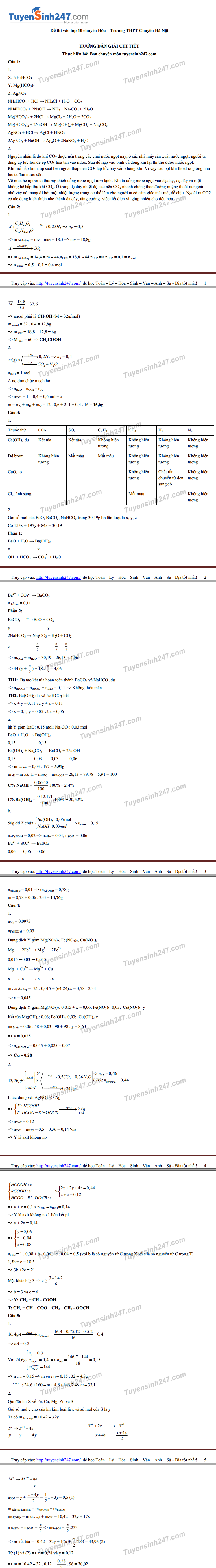 Dap an de thi vao lop 10 mon Hoa chuyen Ha Noi 2017