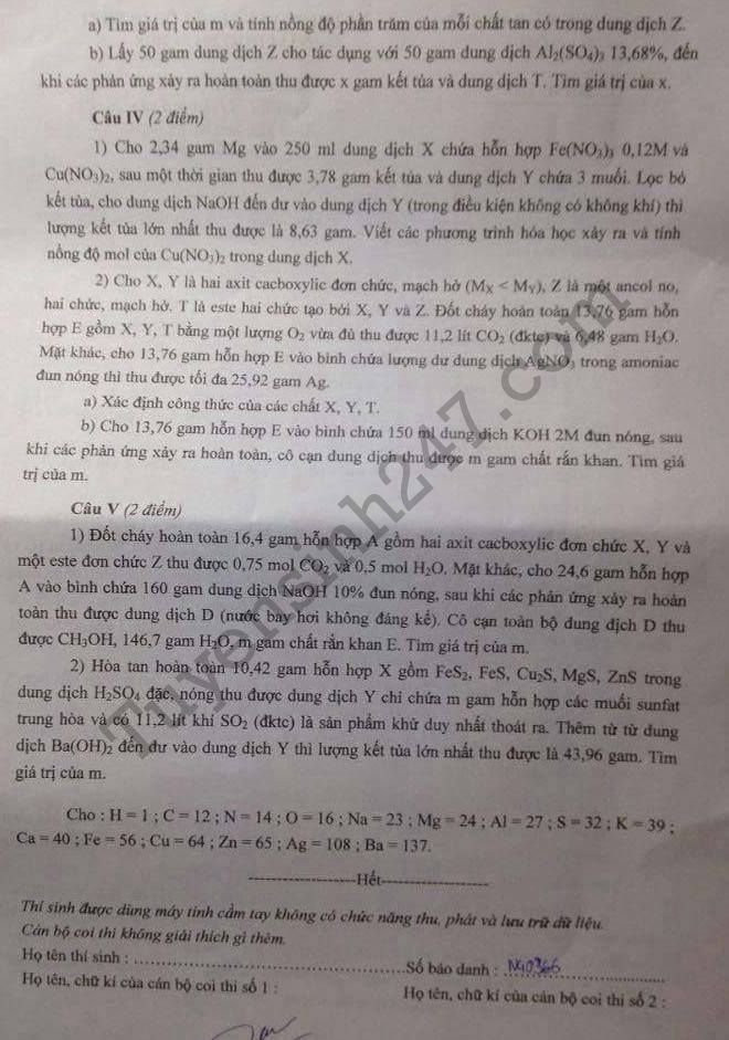 Dap an de thi vao lop 10 mon Hoa chuyen Ha Noi 2017