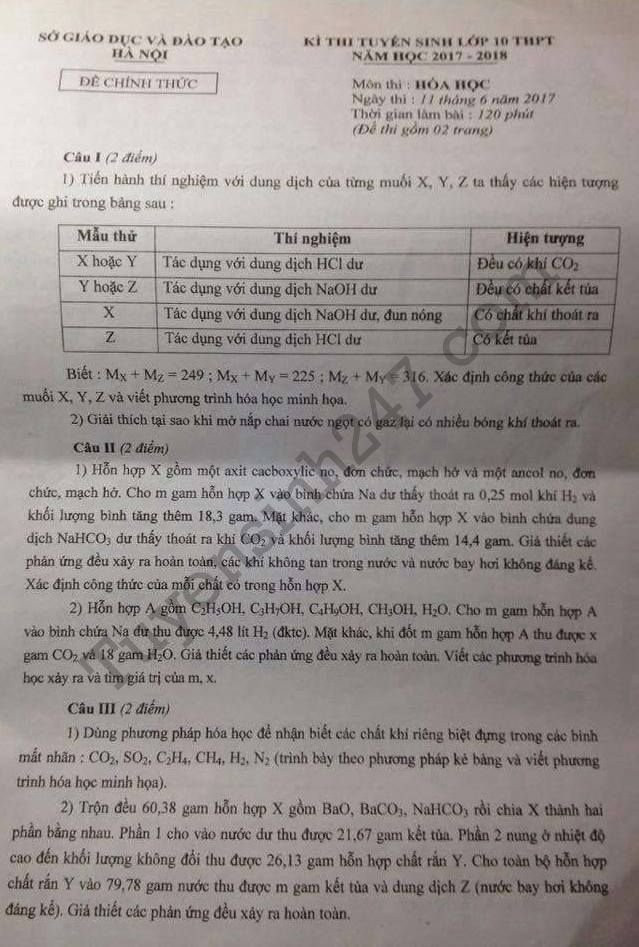 Dap an de thi vao lop 10 mon Hoa chuyen Ha Noi 2017