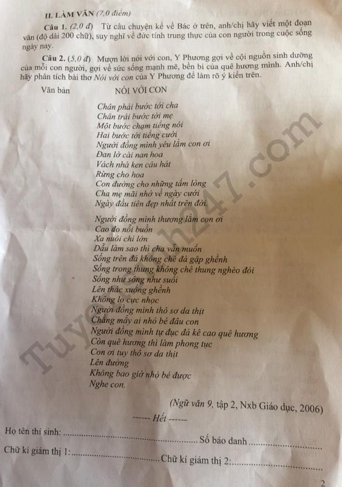 De thi vao lop 10 mon Van chuyen tinh Soc Trang 2017