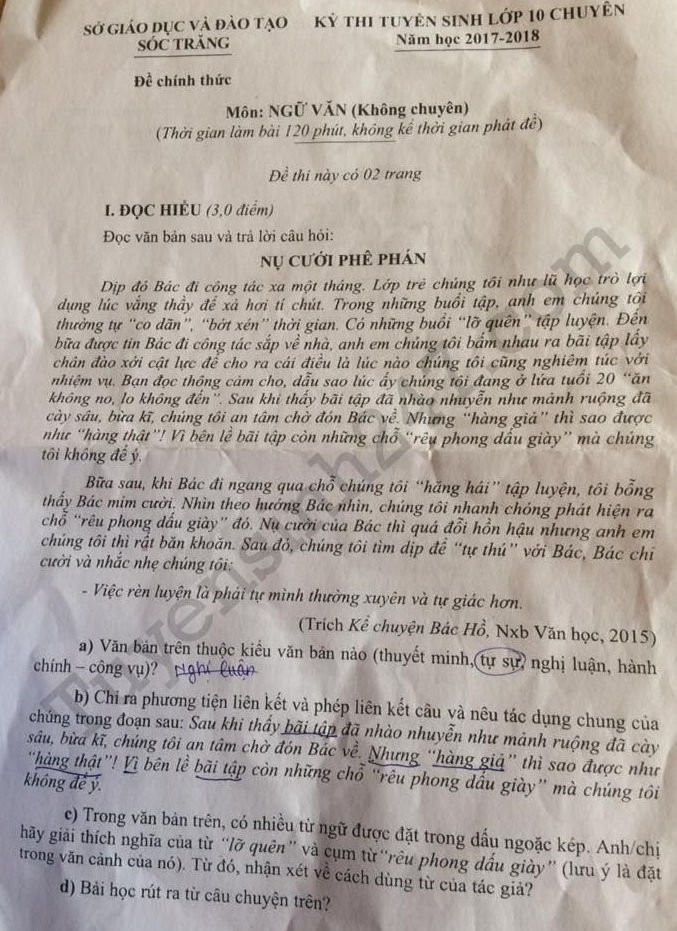 De thi vao lop 10 mon Van chuyen tinh Soc Trang 2017