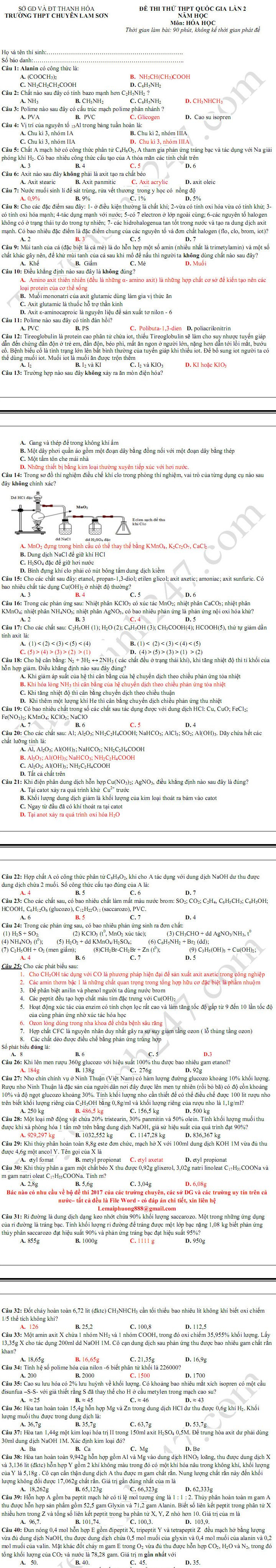 De thi thu THPT Quoc gia mon Hoa – Chuyen Lam Son lan 2 nam 2017