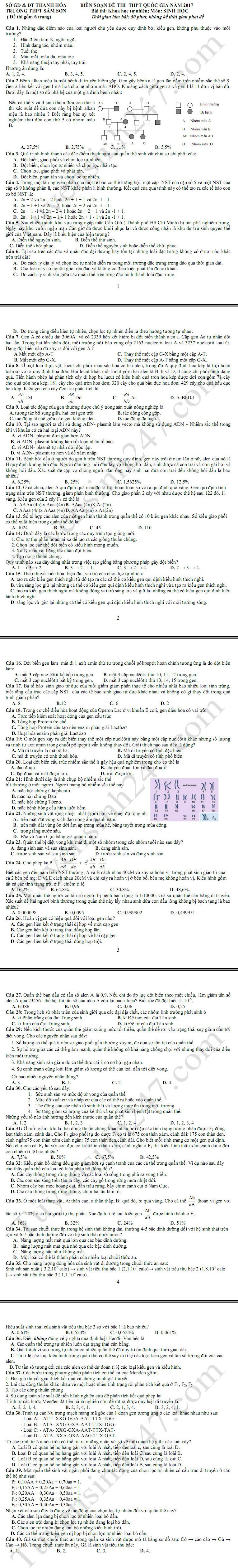 De thi thu THPT Quoc gia mon Sinh – THPT Sam Son nam 2017
